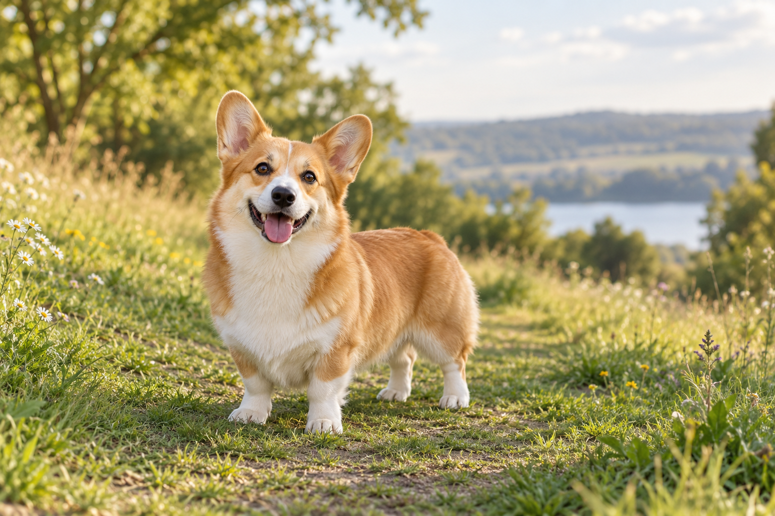 A smiling corgi standing on a sunny path