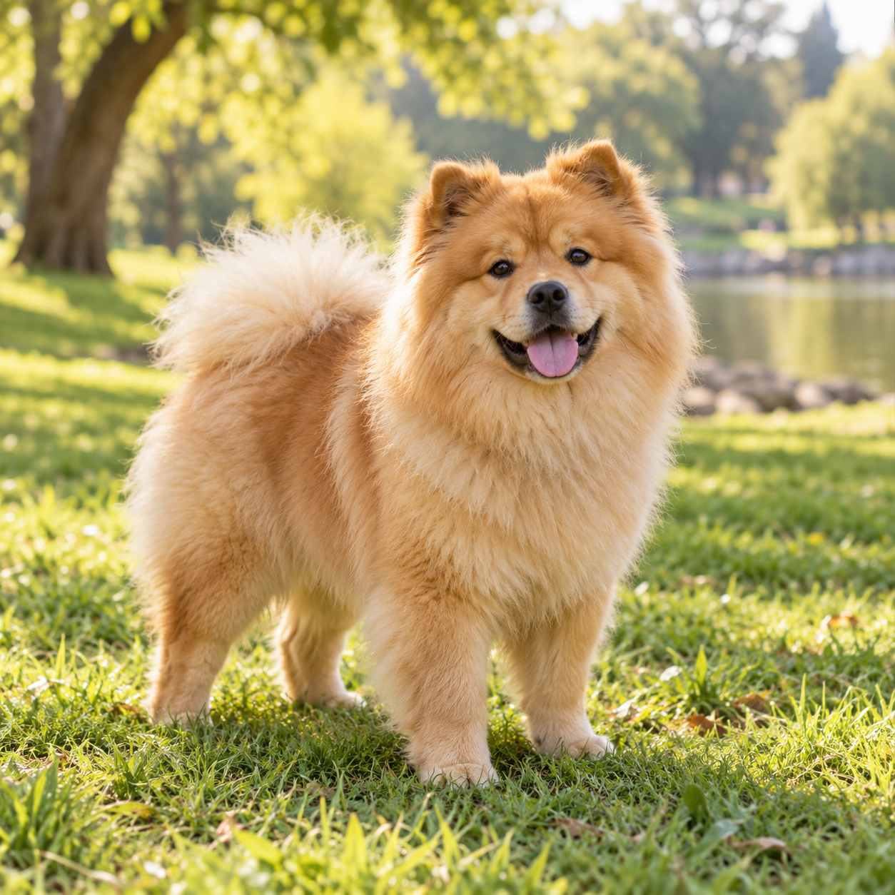 A fluffy pomchow standing in a sunny park