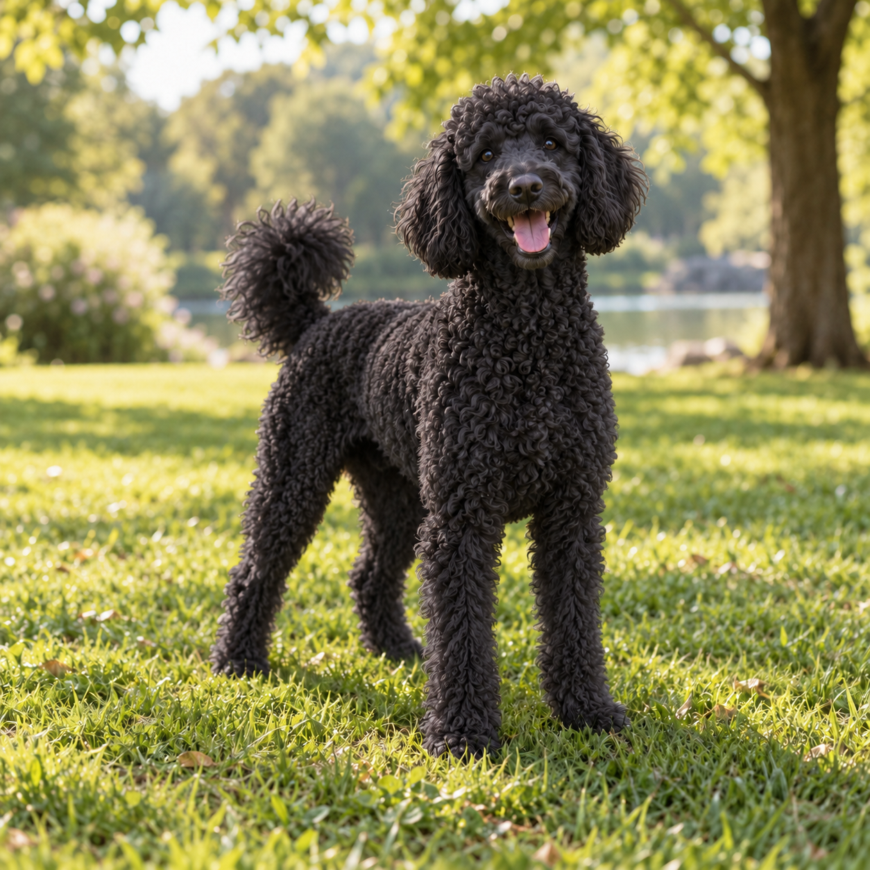 A black curly-coated poodle standing in a sunny park